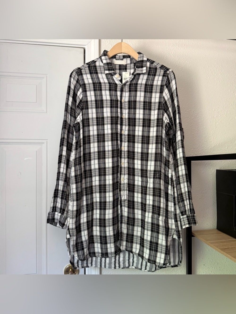NWT CP Shades black white plaid cotton long sleeve button up tunic shirt